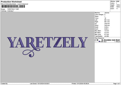 Yaretzelytext Embroidery File 6 sizes