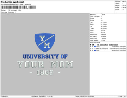 Your Mom University Embroidery File 5 sizes