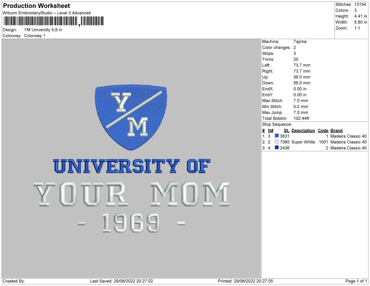 Your Mom University Embroidery File 5 sizes