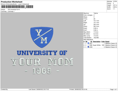 Your Mom University Embroidery File 5 sizes