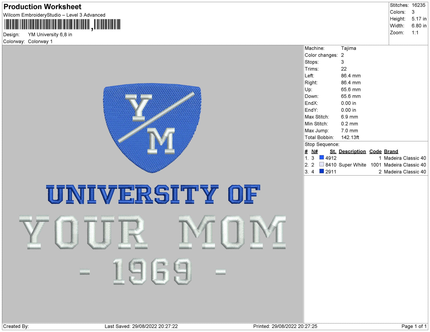Your Mom University Embroidery File 5 sizes