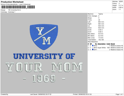 Your Mom University Embroidery File 5 sizes