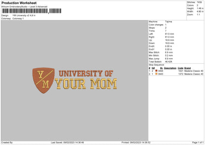 Your Mom University  V2 Embroidery Design File 6 sizes