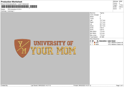 Your Mom University  V2 Embroidery Design File 6 sizes