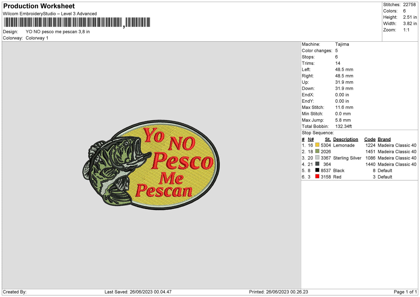 Yo No Pesco Embroidery Design File 6 sizes