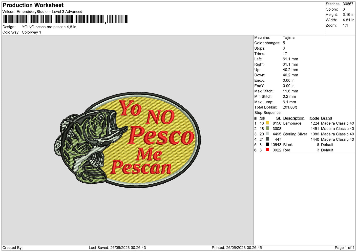 Yo No Pesco Embroidery Design File 6 sizes