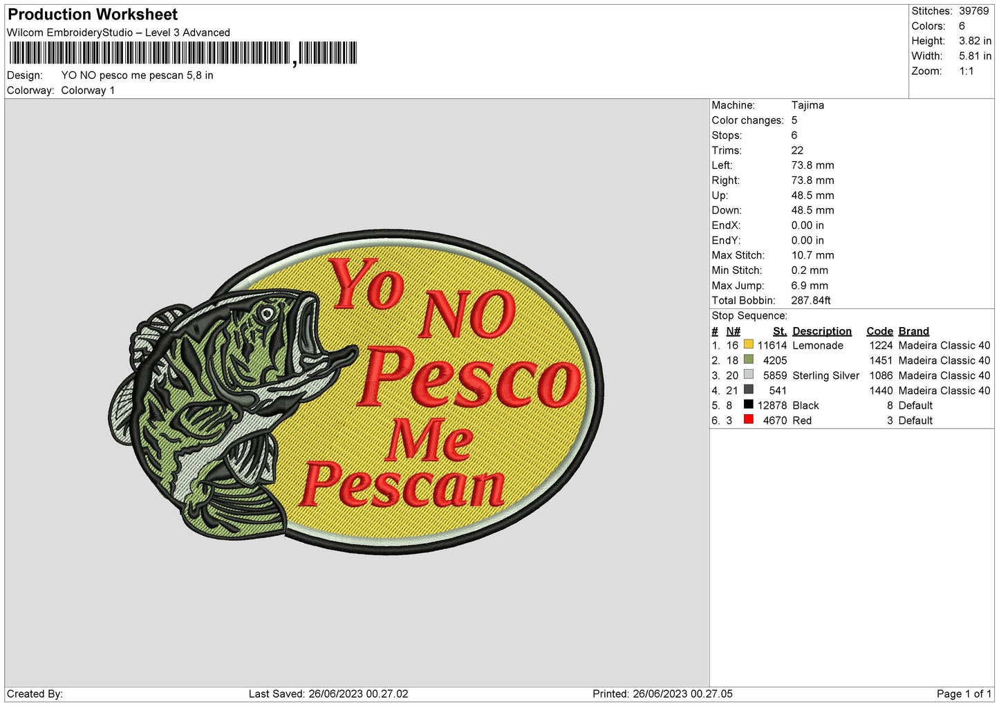 Yo No Pesco Embroidery Design File 6 sizes