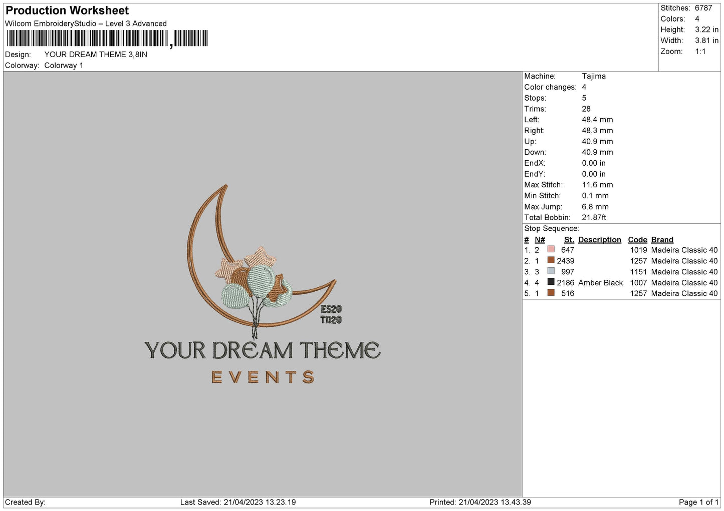Your Dream Event Embroidery Design File 6 sizes