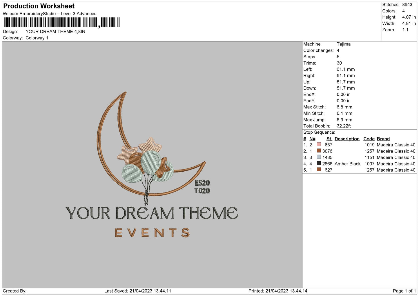 Your Dream Event Embroidery Design File 6 sizes