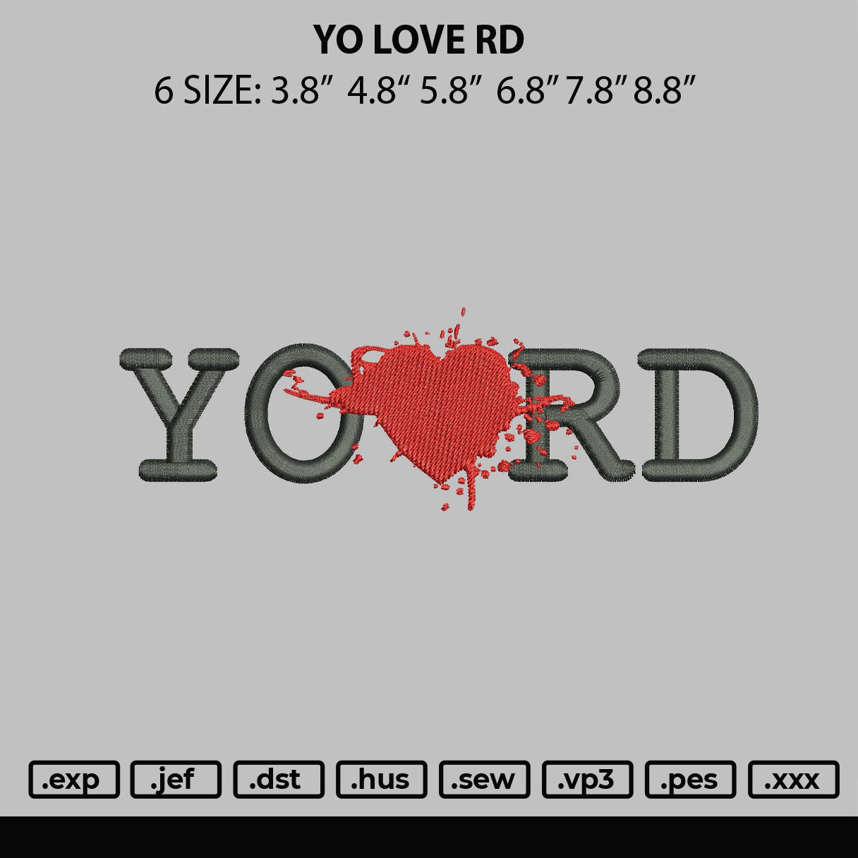 Yo Love Rd Embroidery DEsign File 6 sizes