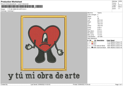 Y Tu Mi Obra De Arte Embroidery Design File 4 sizes