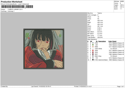 Yumeko Jabami Embroidery Design File 4 size