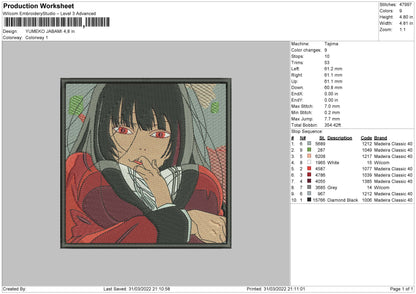 Yumeko Jabami Embroidery Design File 4 size