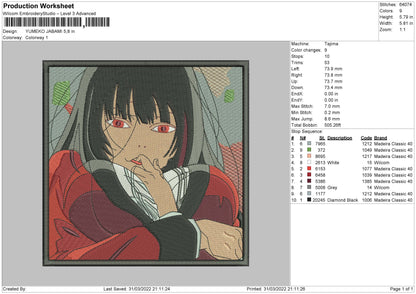 Yumeko Jabami Embroidery Design File 4 size