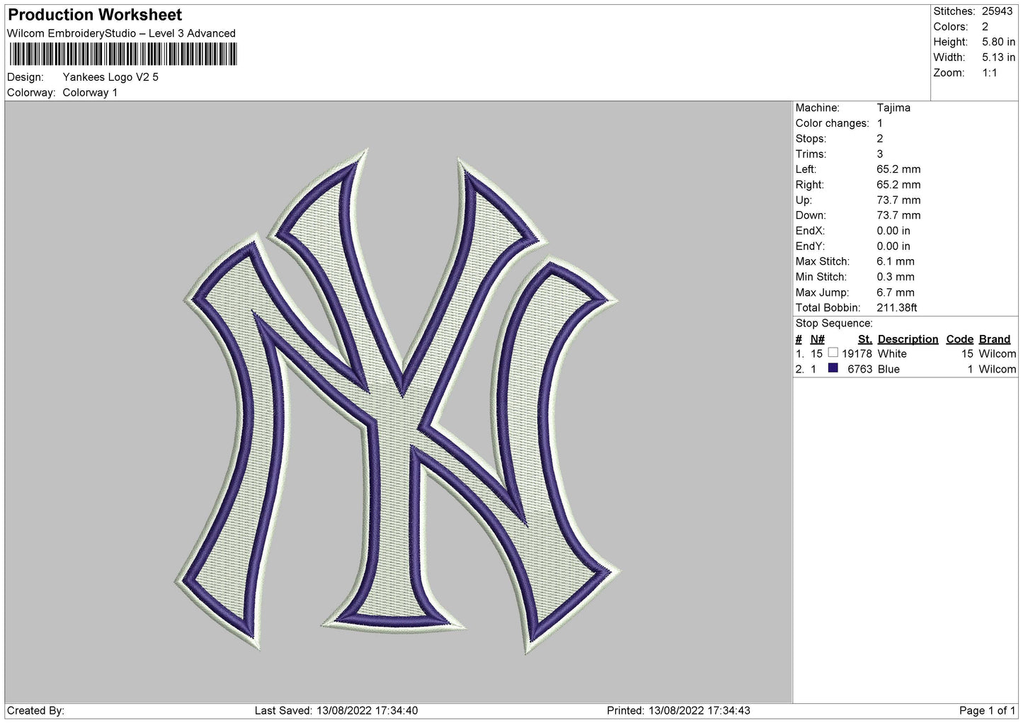 Yankees Logo V2 Embroidery File 6 sizes