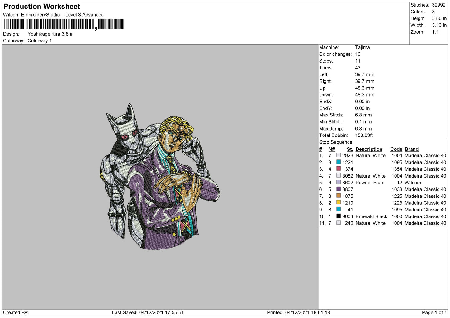 Yoshikage Kira Embroidery Machine Design File 4 size