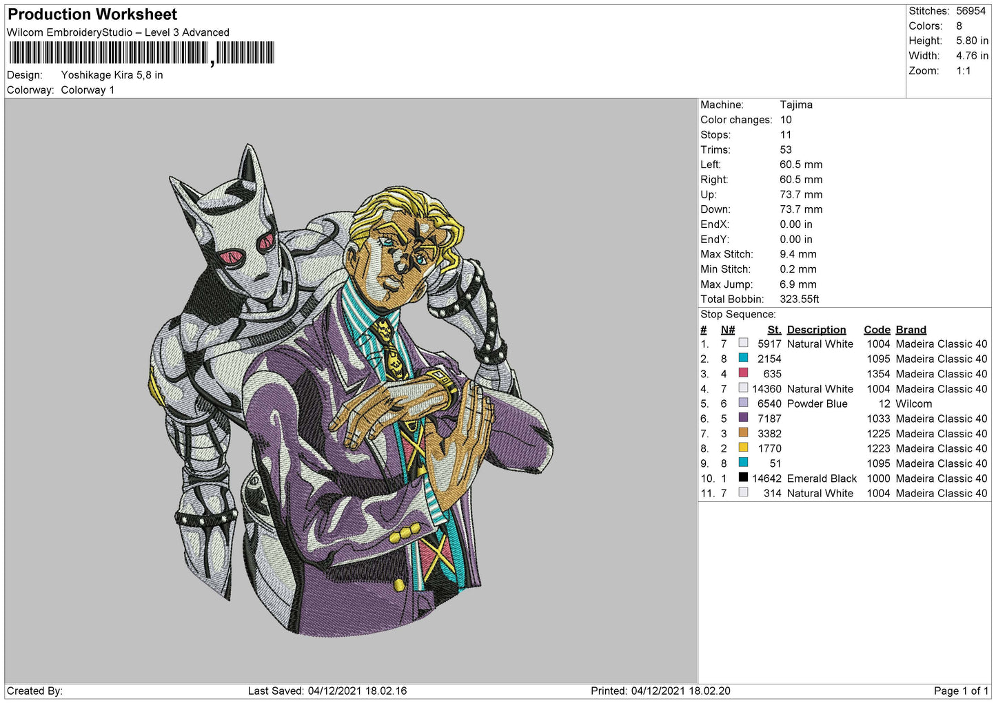 Yoshikage Kira Embroidery Machine Design File 4 size