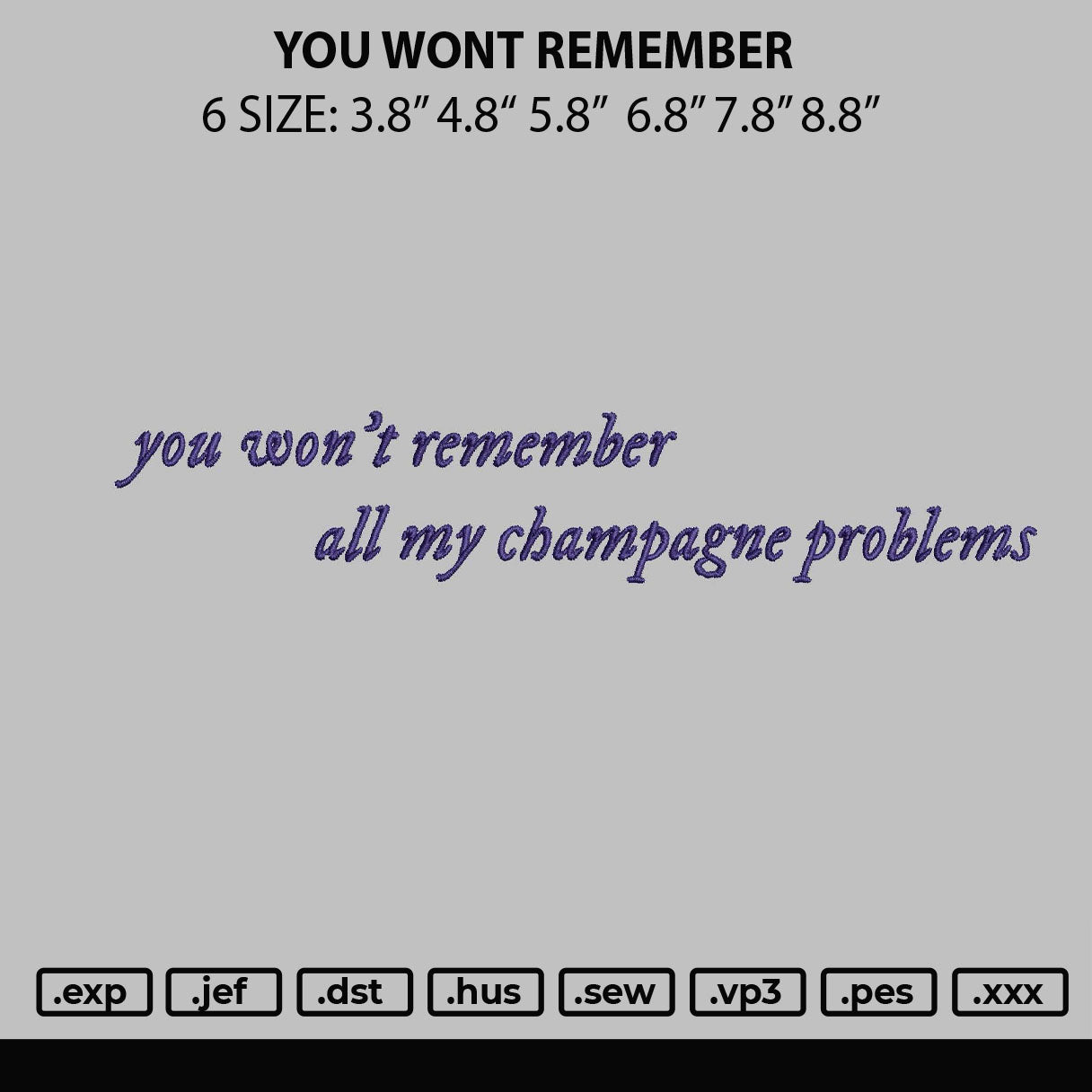 You Won't Remember Embroidery Design File 6 sizes