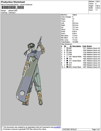 Zabuza Embroidery Machine Design File 4 size