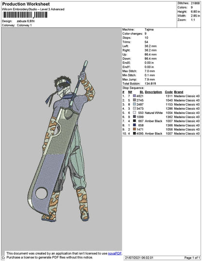 Zabuza Embroidery Machine Design File 4 size