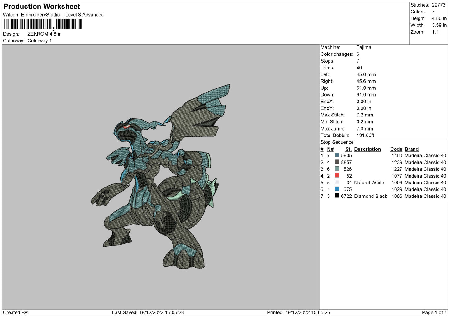 Zekrom Pokemon Emboidery Machine Design File 6 sizes