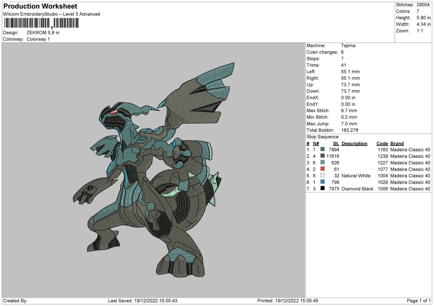 Zekrom Pokemon Emboidery Machine Design File 6 sizes