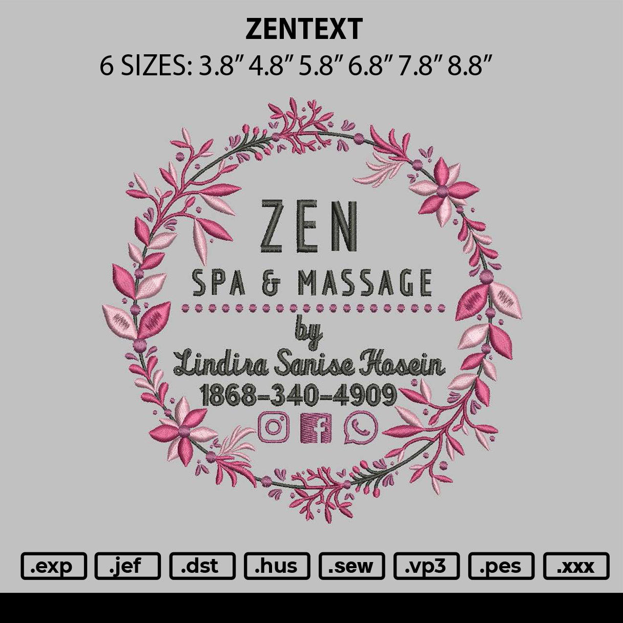 Zen Text Embroidery File 6 sizes