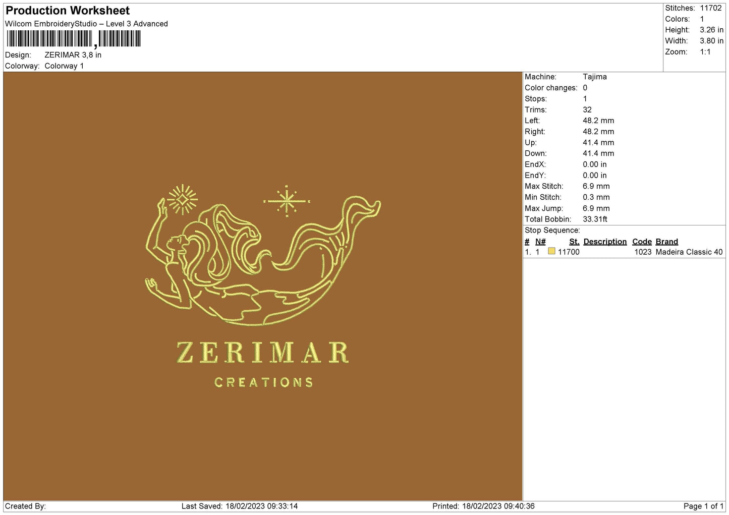 Zerimar Embroidery Machine Design File 6 sizes