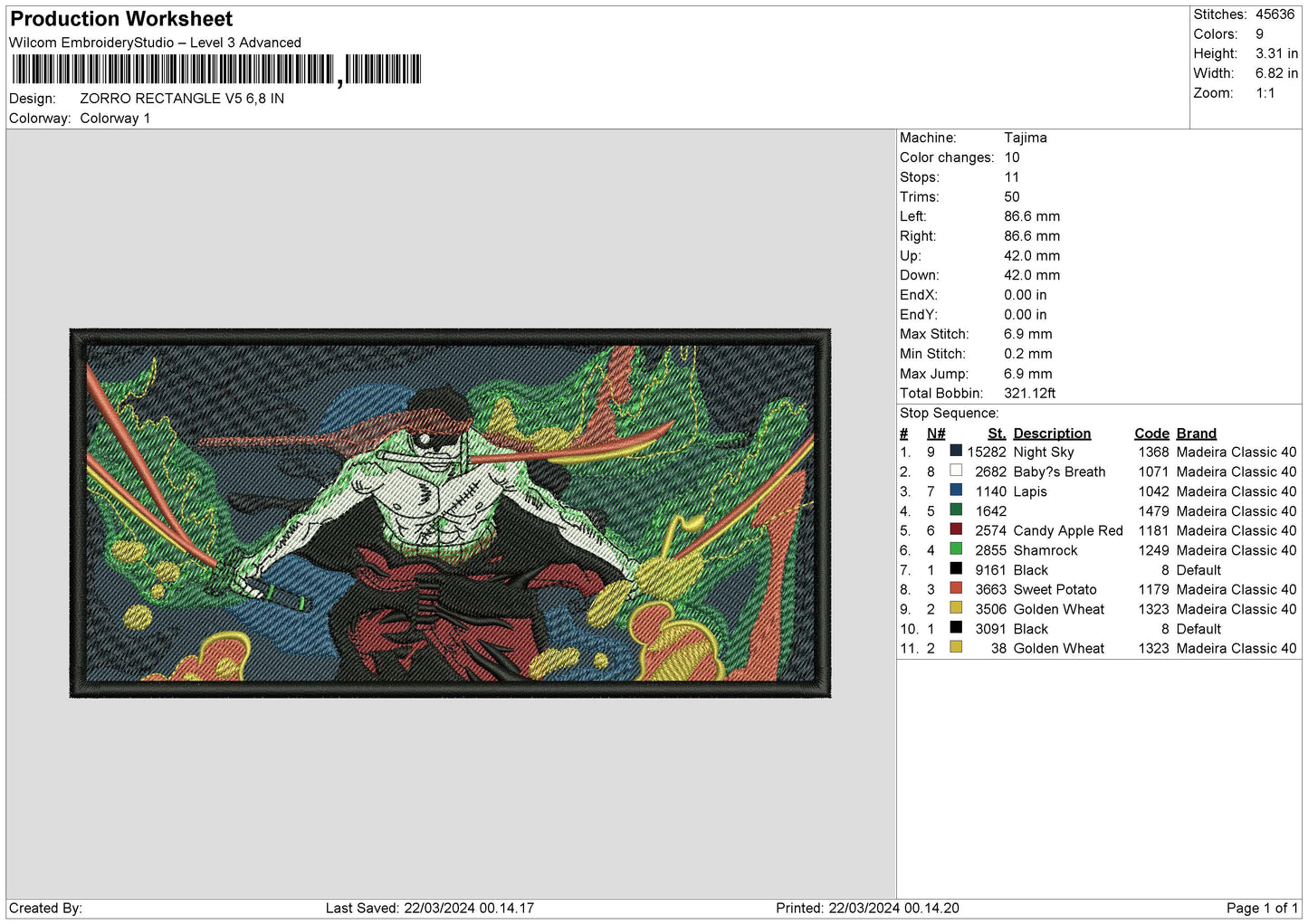 Zoro Rectangle V5 Embroidery File 6 sizes