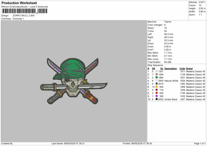 Zorro skull Embroidery File 6 sizes