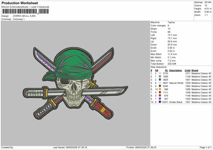 Zorro skull Embroidery File 6 sizes