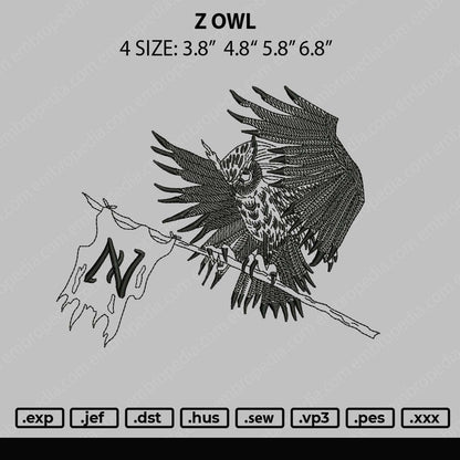Z Owl Embroidery Machine Design File 4 size