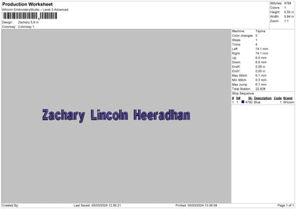 Zachary Text Embroidery File 6 sizes
