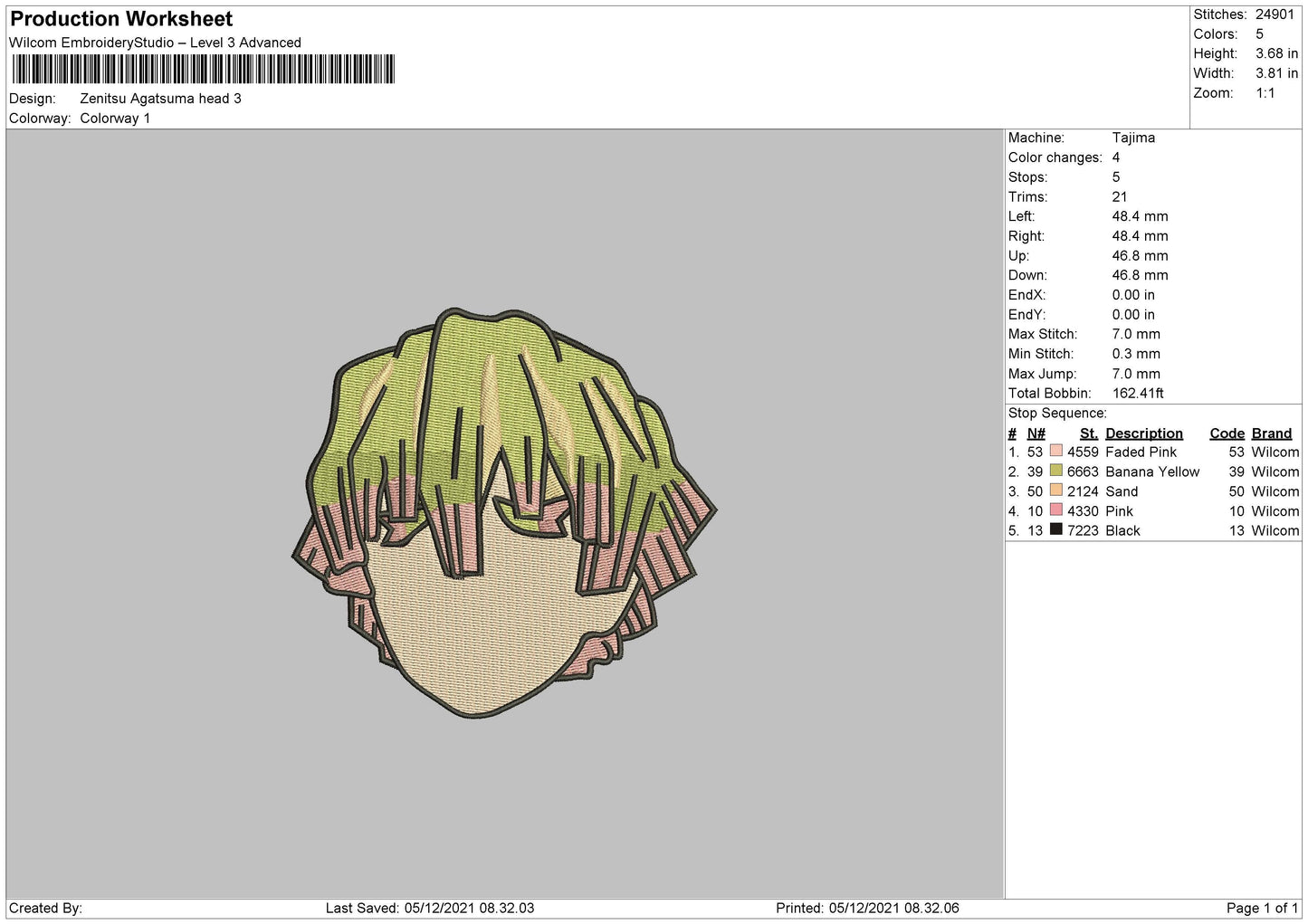 Zenitsu Agatsuma Embroidery Machine Design File 4 size