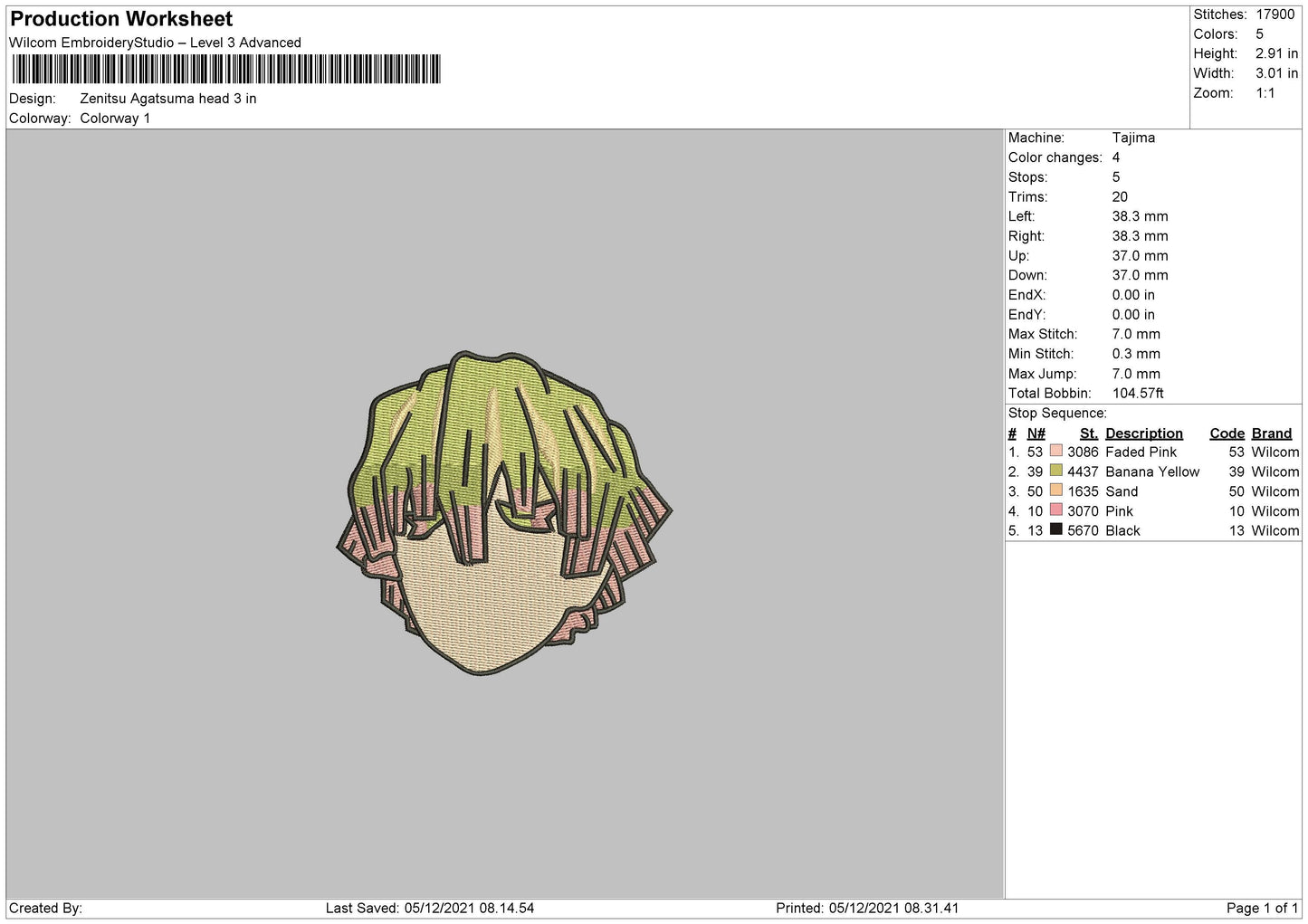 Zenitsu Agatsuma Embroidery Machine Design File 4 size