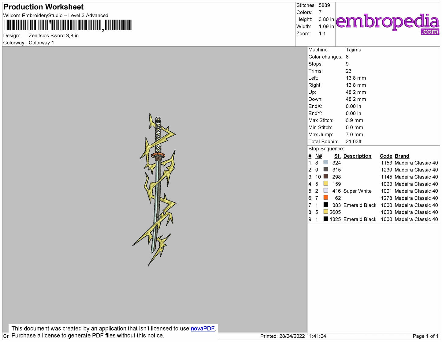 Zenitsu's Sword Embroidery File 4 size
