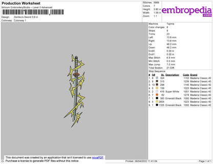Zenitsu's Sword Embroidery File 4 size