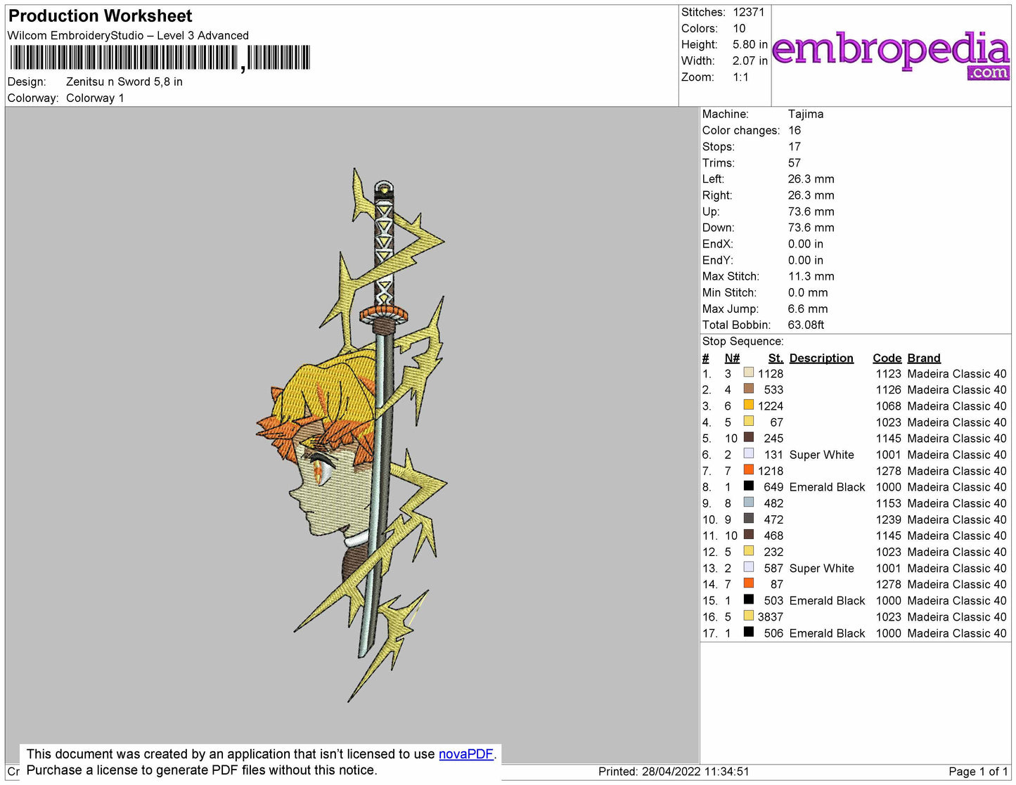 Zenitsu N Sword Embroidery Machine Design File 4 size