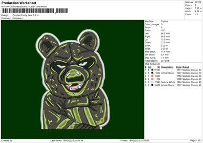 Zombie Bear Embroidery File 6 sizes