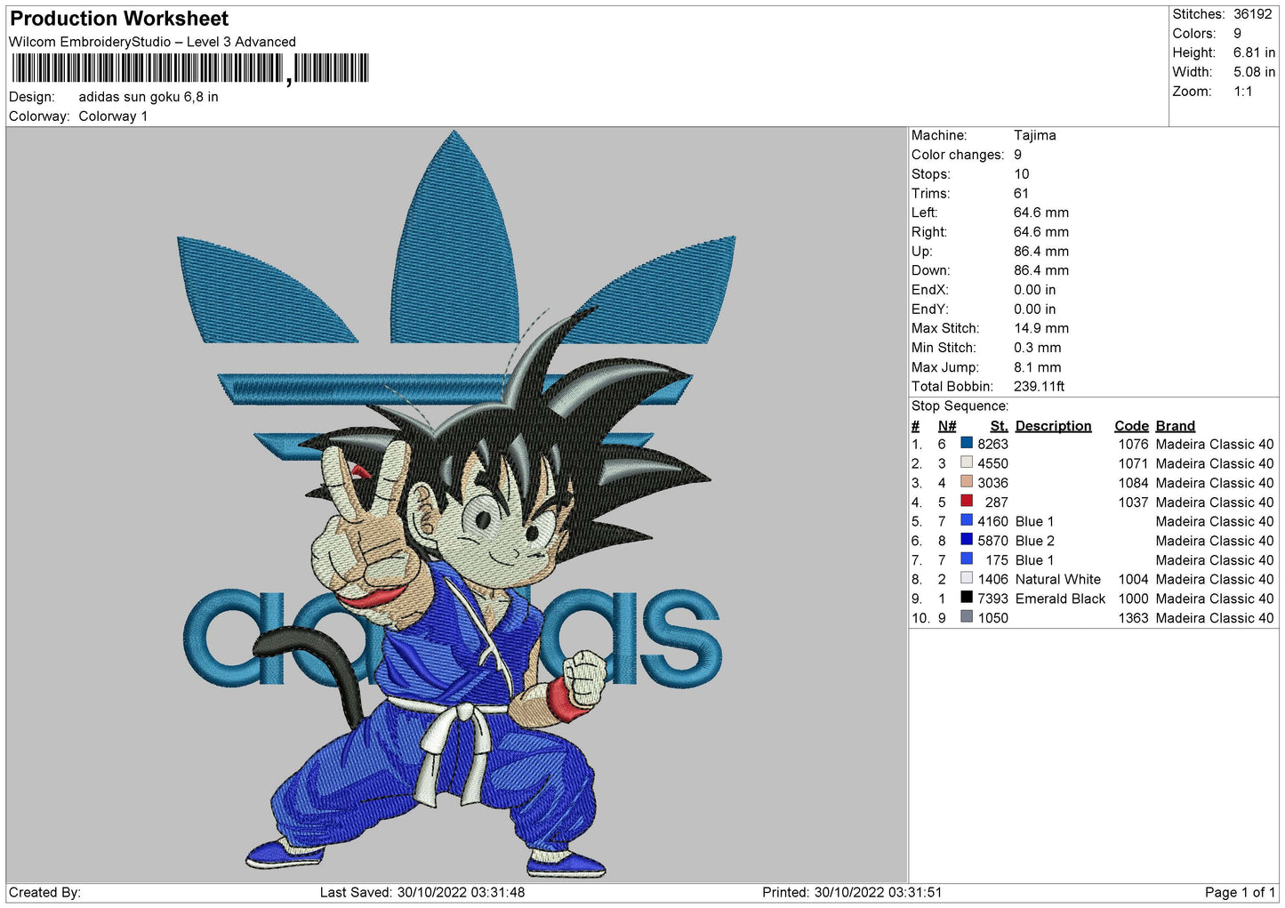 Adidas Sun Goku Embroidery File 6 sizes