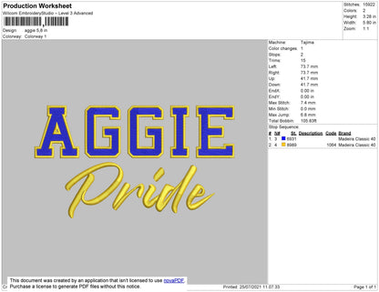 Aggie Text Embroidery File 4 size