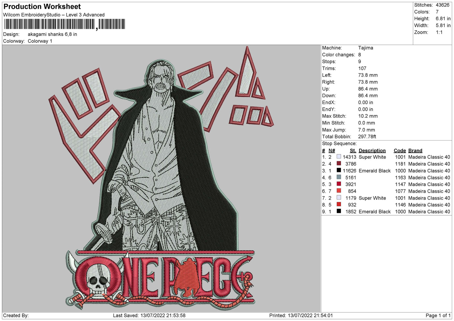 Akagami Shanks Embroidery File 4 sizes