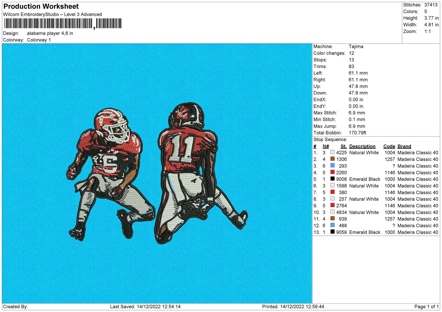 Alabama Player Embroidery File 6 sizes