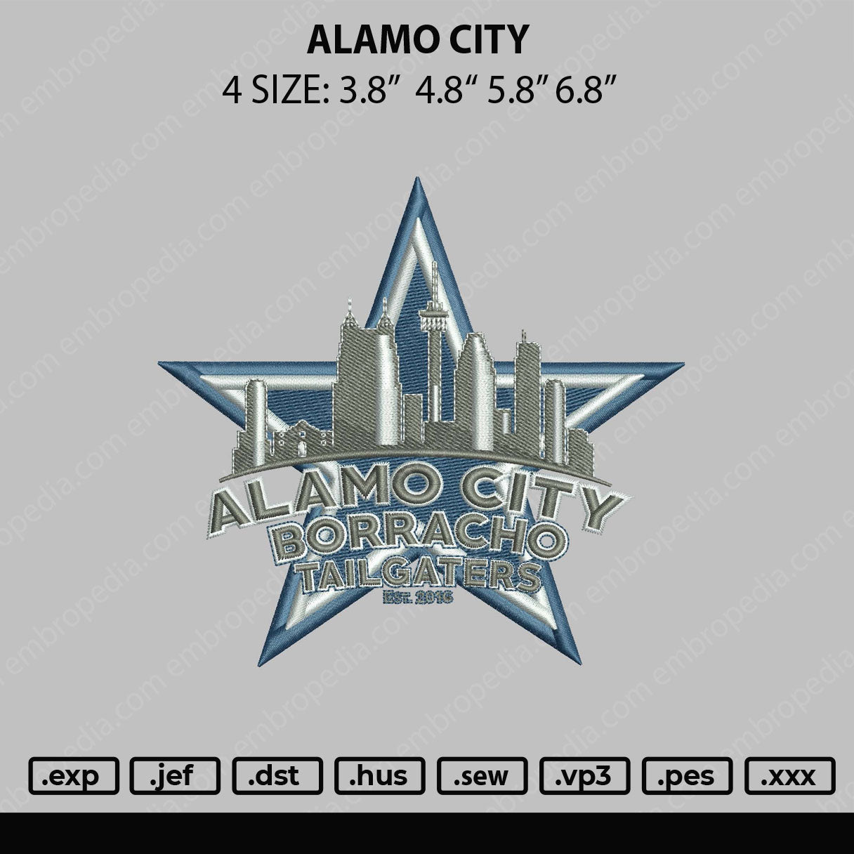 Alamo City Embroidery File 4 size