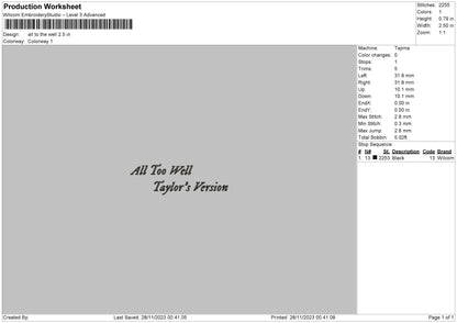 All To Well V2 Embroidery File 6 sizes