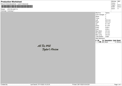 All To Well V2 Embroidery File 6 sizes