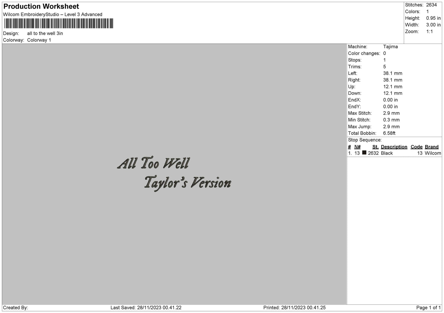 All To Well V2 Embroidery File 6 sizes