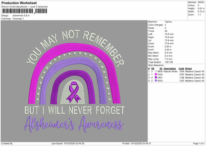 Alzheimerstext Embroidery Machine Design File 6 sizes