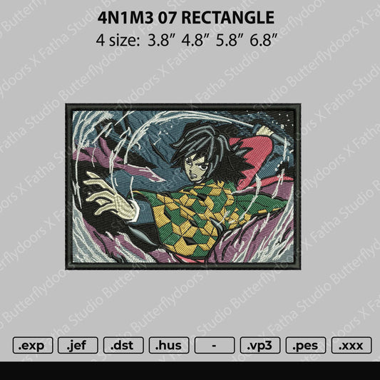Digital embroidery file depicting an anime character in a dynamic pose with a colorful outfit on a black background, surrounded by a rectangular border with size markings.