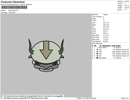 Appa Head Embroidery File 4 size